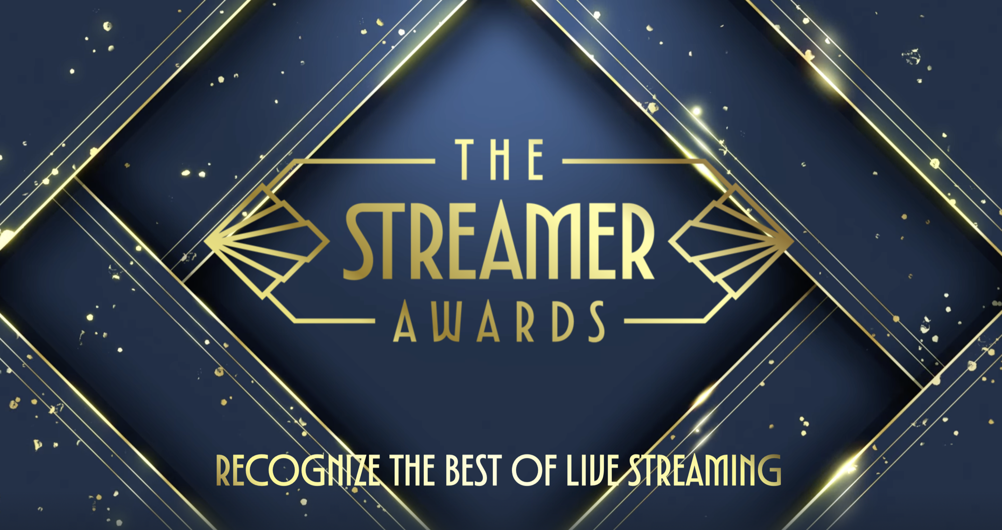 The Streamer Awards official banner: art-deco gold-on-navy logo with the tagline “Recognize the best of live streaming”, the flagship event Azarus title-sponsored in March 2022