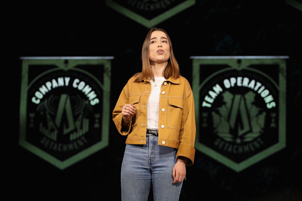 Laura Cordrey on stage at E3 2019, unveiling Ghost Recon Breakpoint's Delta Company